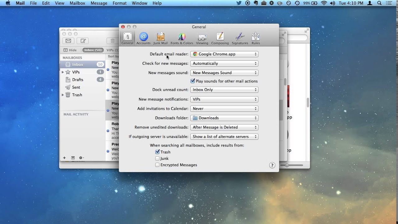 Mac mail app default account